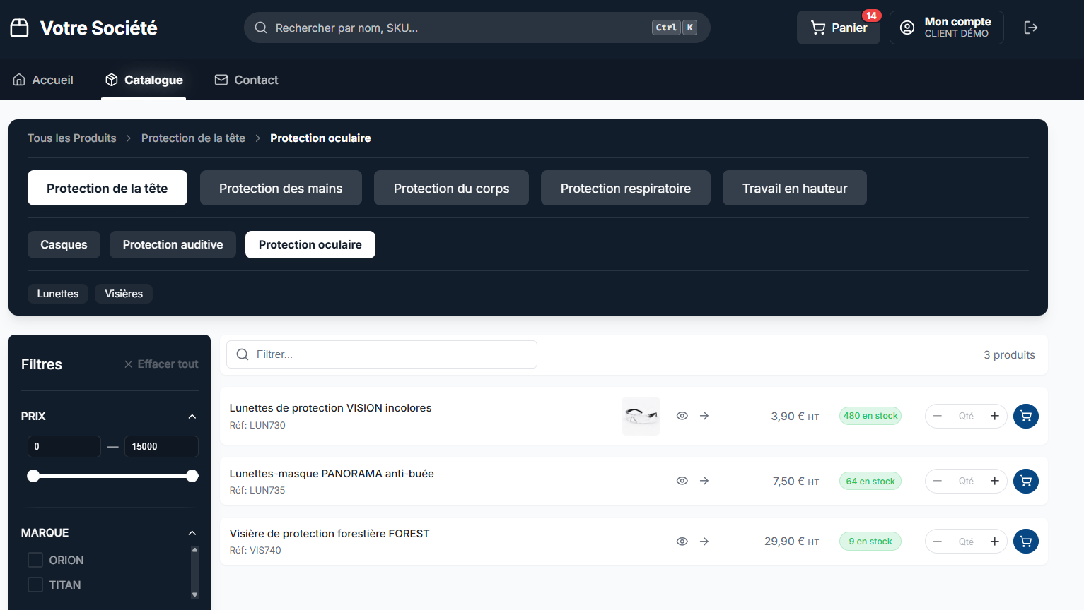 Catalogue synchronisé avec filtres, stock et tarifs client