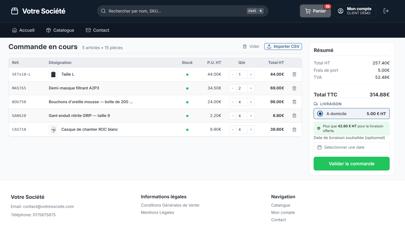 Panier avec import CSV, totaux HT et TTC et choix du transporteur