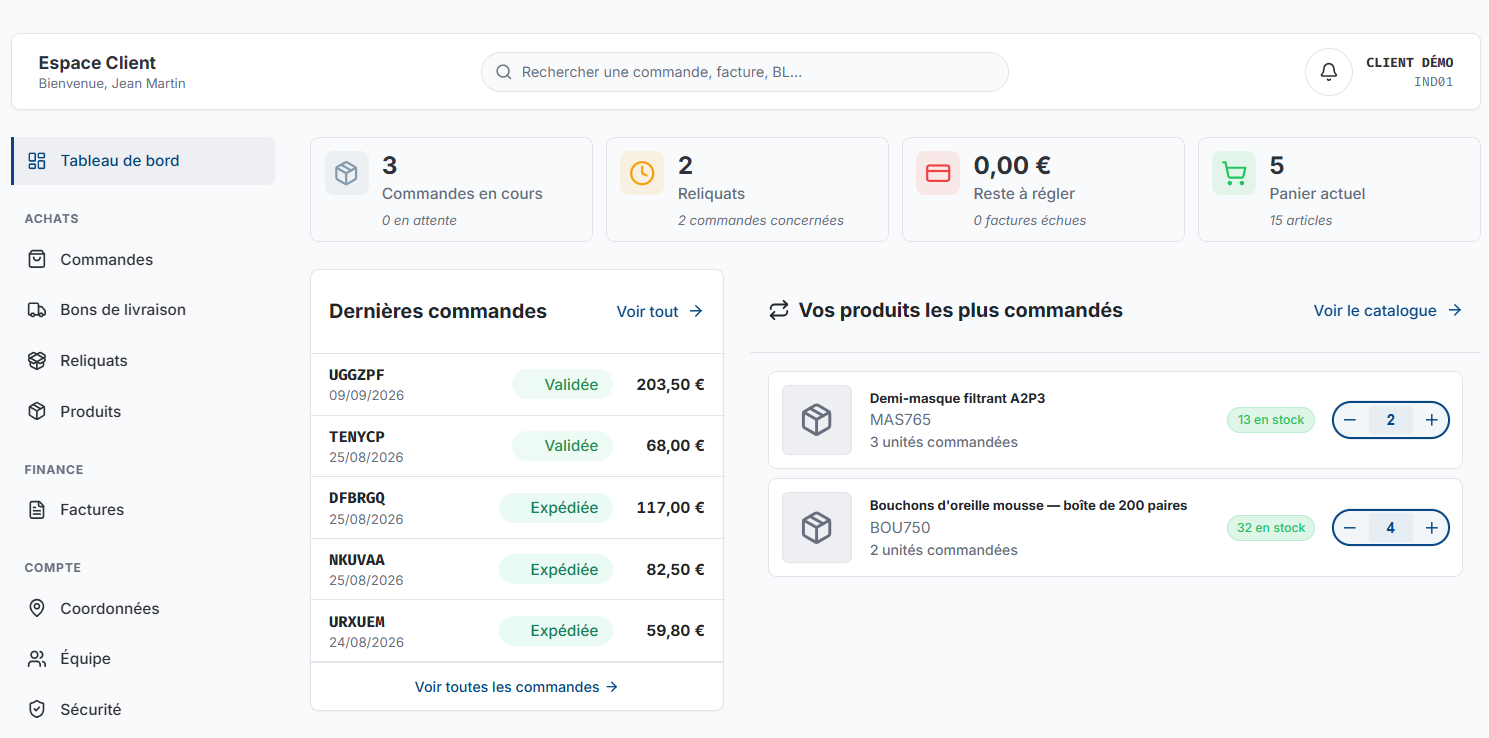 Espace client : commandes en cours, reliquats, encours à régler