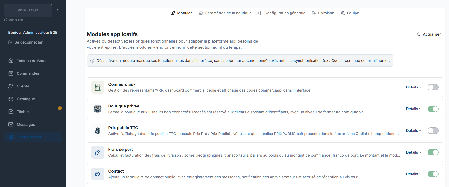 Back-office : modules applicatifs activables et désactivables