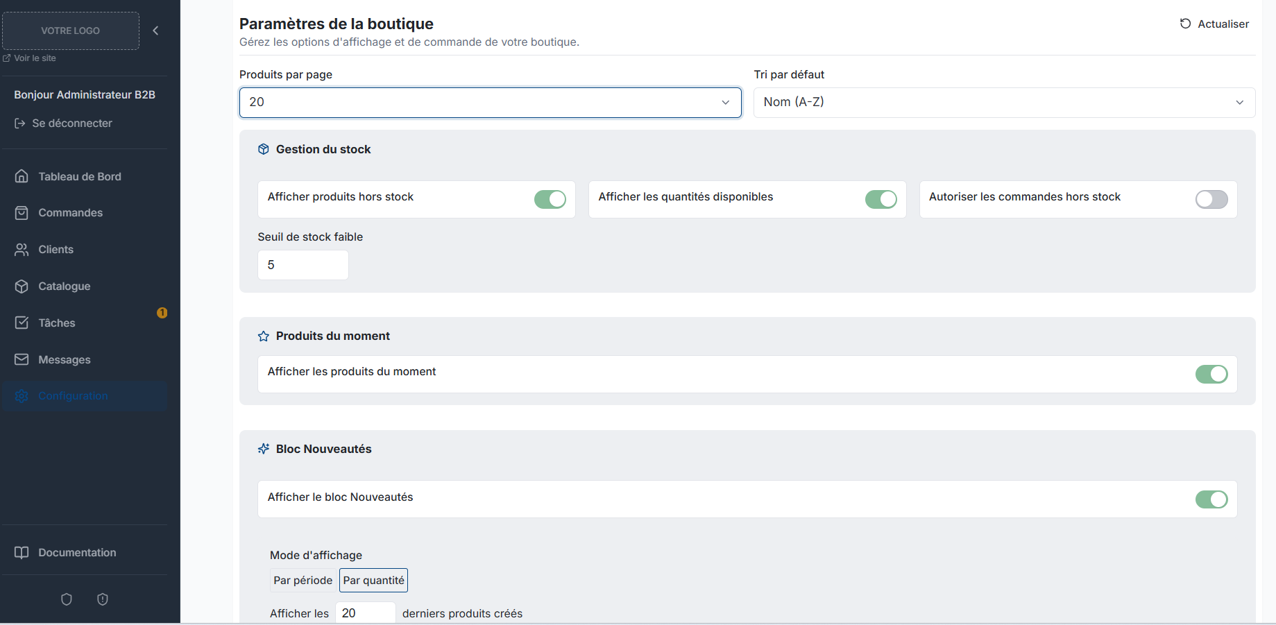 Back-office : paramètres de la boutique, gestion du stock et mises en avant
