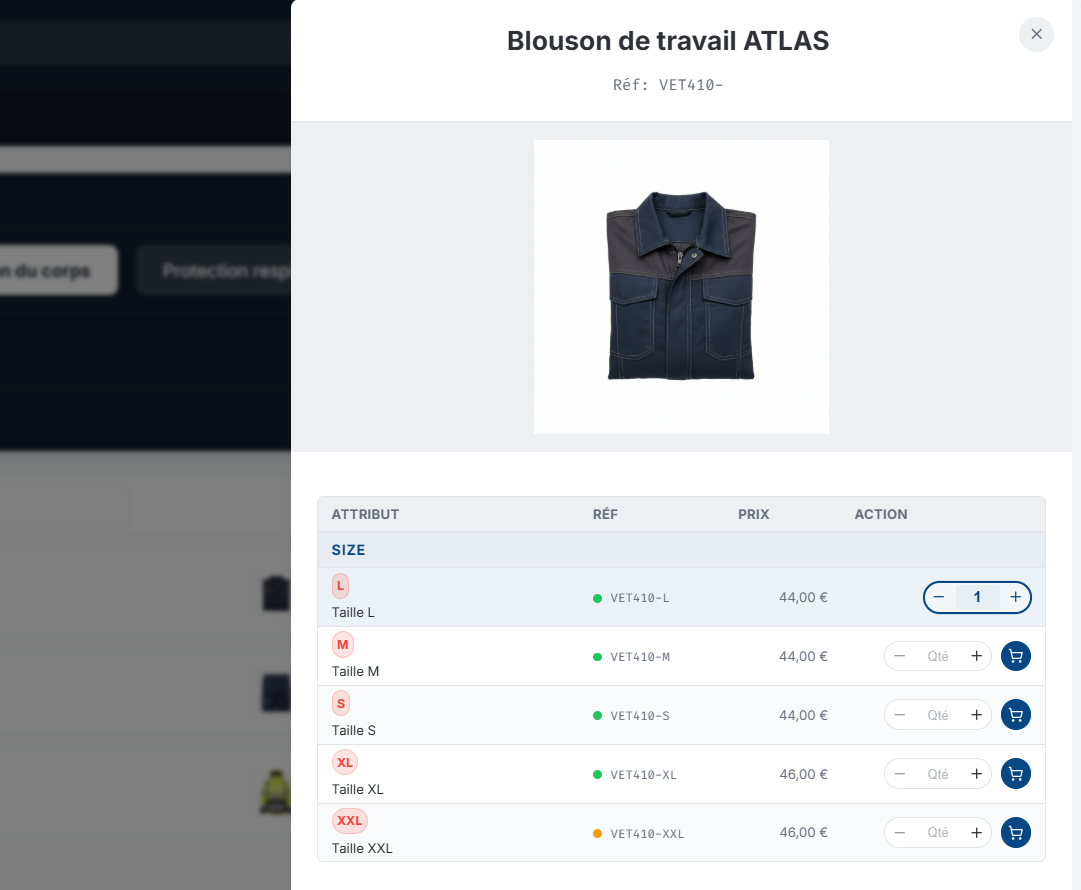 Fiche produit avec déclinaisons, prix et stock par variante