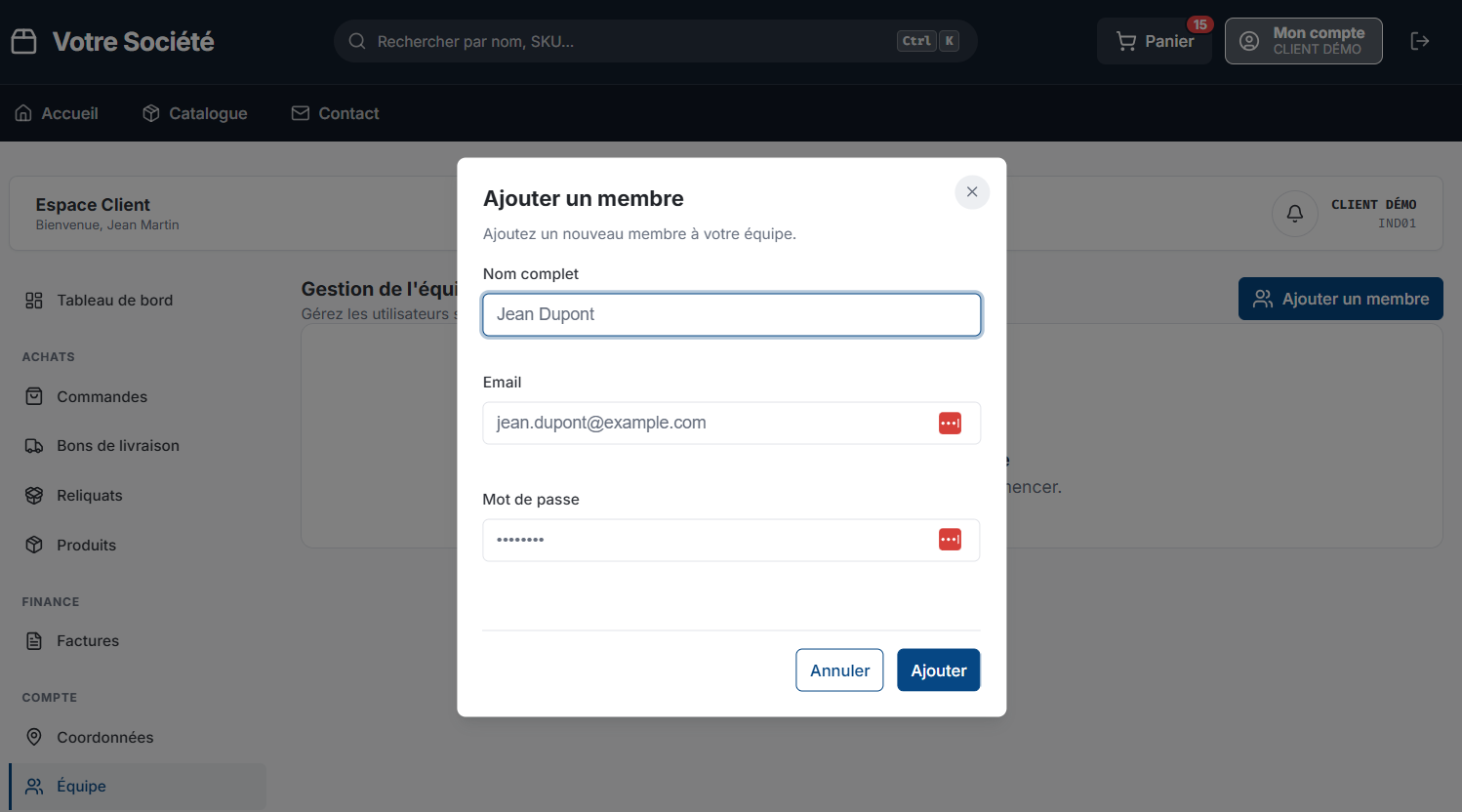 Ajout d'un membre à l'équipe du compte client
