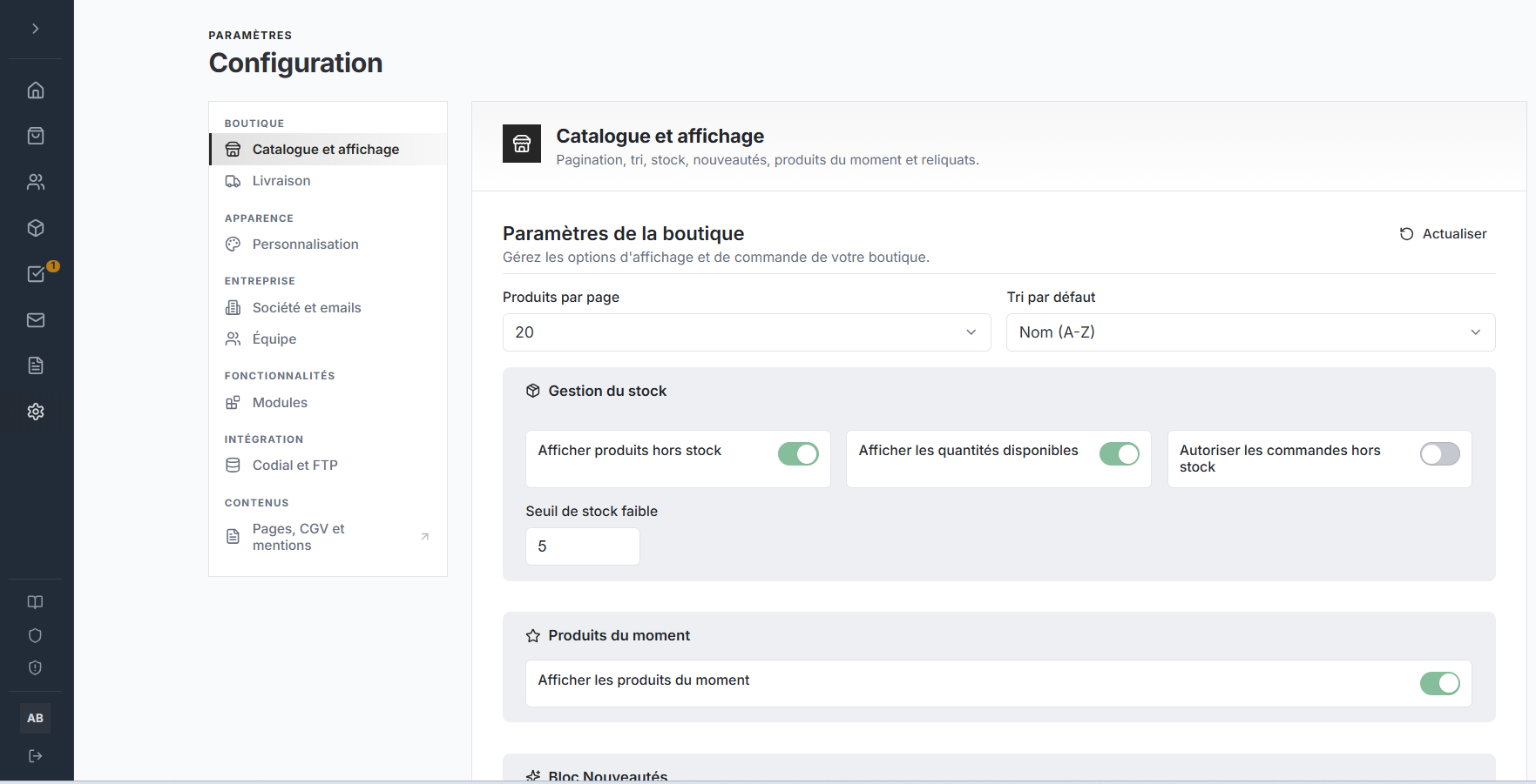 Back-office : paramètres de la boutique, gestion du stock et mises en avant