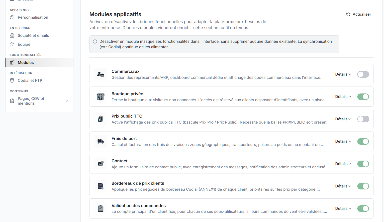 Back-office : les sept modules applicatifs, dont les bordereaux de prix clients, activables en un clic